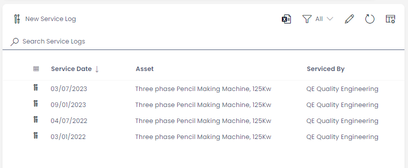 An example Data Table titled &quot;Service Logs&quot;. This is a zoomed-in view of the previous image, focusing on the Data Table element. The Data Table component contains a Command Strip where buttons are located, such as the &quot;New Service Log&quot;, &quot;Generate CSV&quot;, &quot;Select View Filter&quot; drop down menu, as well as the &quot;Edit View Headers&quot; button, &quot;Inline Refresh&quot; button, and &quot;Edit View&quot; button. The page component also contains a search filter, for filtering the items displayed. Below this is the headers for each column in the database, and then a list of several service log items.